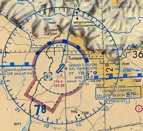 FAA sample test image: Las Vegas sectional crop showing Grand Canyon National Park Airport (GCN) with the data block CT - 119.0, a star and a circled C, and ATIS 124.3