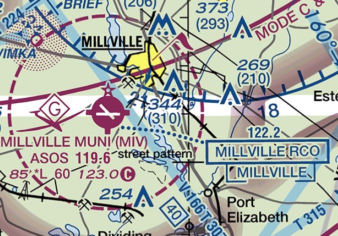 FAA sample test image: Washington sectional crop showing Millville Municipal Airport (MIV) as a magenta airport symbol inside a dashed magenta circle, with the data block 85 *L 60 123.0 and a circled C