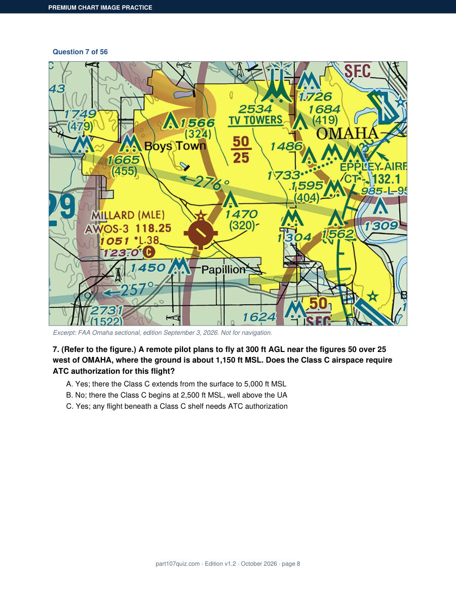 Page 8 of the Premium chart image practice PDF: question 7 of 56 under an excerpt of the FAA Omaha sectional chart (edition September 3, 2026) showing Boys Town, Millard and Papillion, then a question on whether Class C airspace west of Omaha needs ATC authorization for a flight at 300 ft AGL, with answer choices A to C and no answer shown