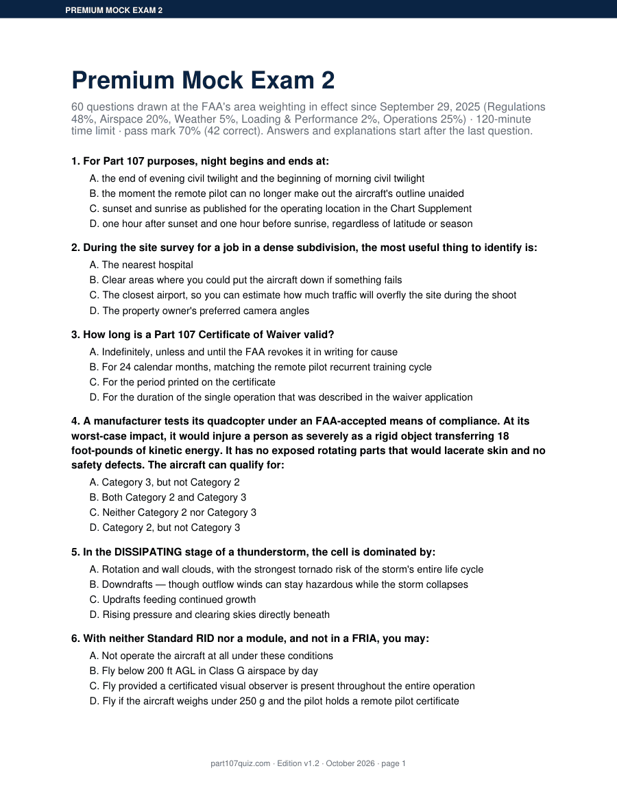 Page 1 of Premium Mock Exam 2: the exam format line (60 questions, FAA 2025 area weighting, 120-minute limit, 70% pass mark) and questions 1 to 6 with answer choices A to D and no answers shown