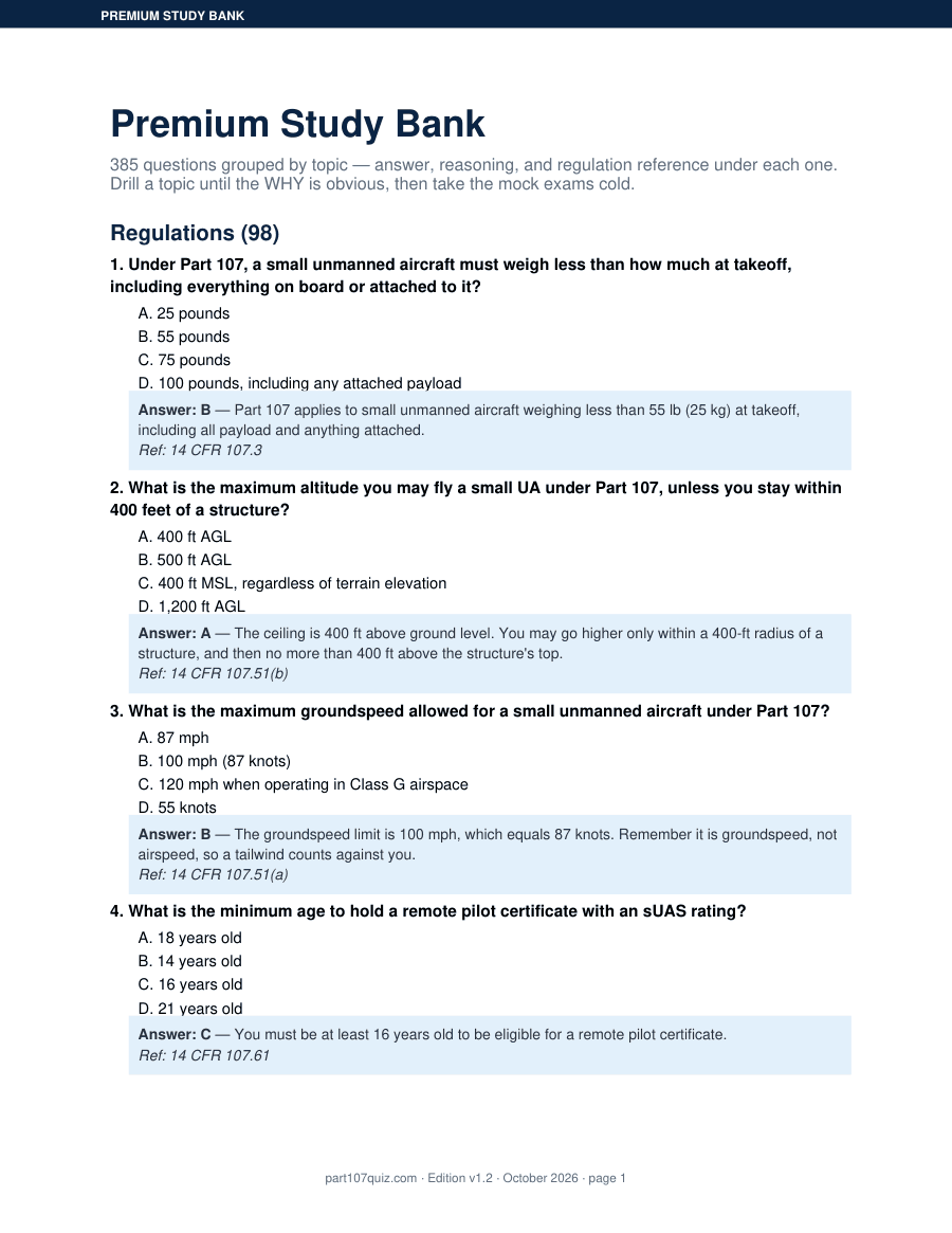 Page 1 of the Premium Study Bank: the Regulations section with questions 1 to 4, each followed by the answer, a one-line explanation and its 14 CFR reference
